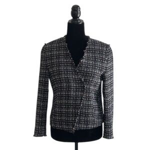 HUGO BOSS Womens Jemilia Black White Tweed Collarless Jacket 3/4 Sleeve, size 4